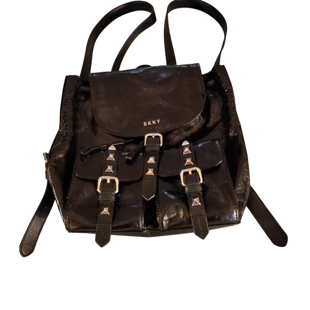 DKNY Black Patent Leather Backpack Studded Strap Pockets Drawstring Top